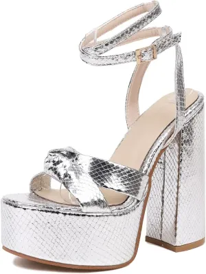 YIYA Women's Metallic Platform Chunky Heeled Sandals Open Round Toe Strappy Heels Ankle Strap Wedding Party Dress Shoes