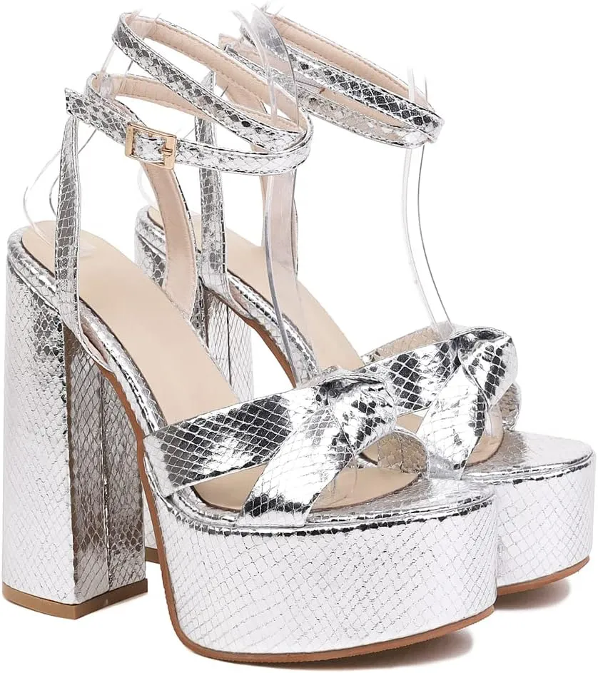 YIYA Women's Metallic Platform Chunky Heeled Sandals Open Round Toe Strappy Heels Ankle Strap Wedding Party Dress Shoes