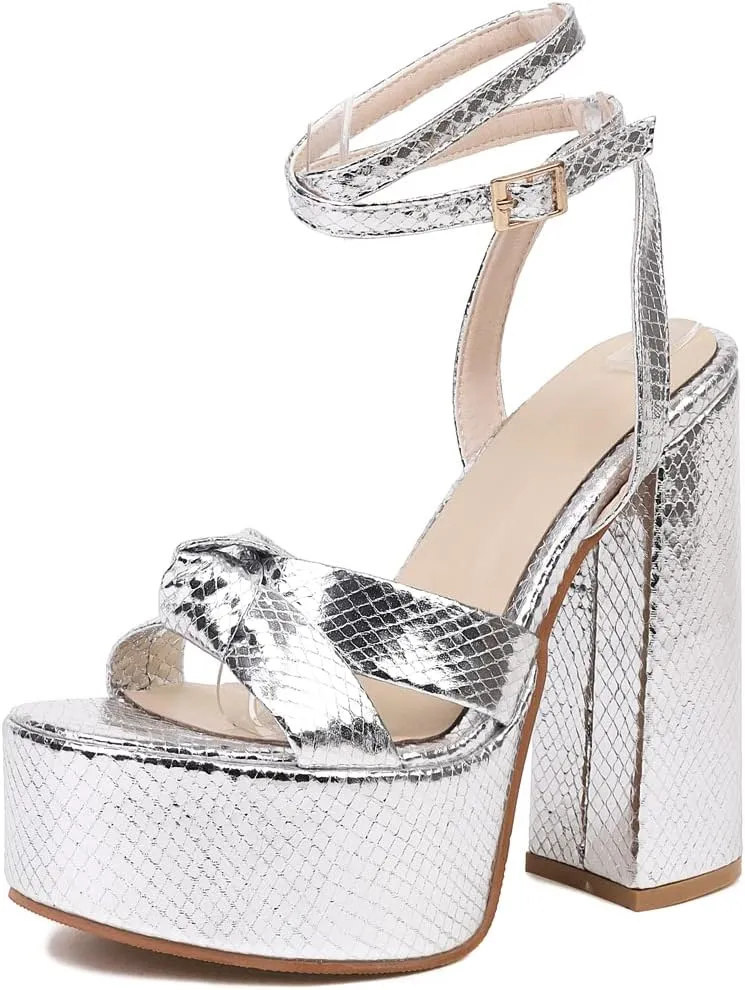 YIYA Women's Metallic Platform Chunky Heeled Sandals Open Round Toe Strappy Heels Ankle Strap Wedding Party Dress Shoes
