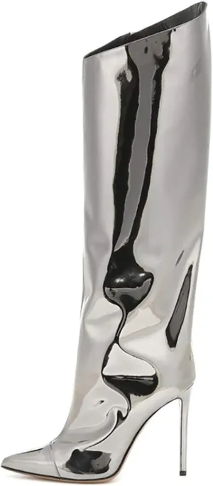 YIYA Women's Patent Leather Knee High Boots Sexy Pointed Toe Stiletto High Heels Metallic Bright Leather Side Zipper Booties Dress Shoes