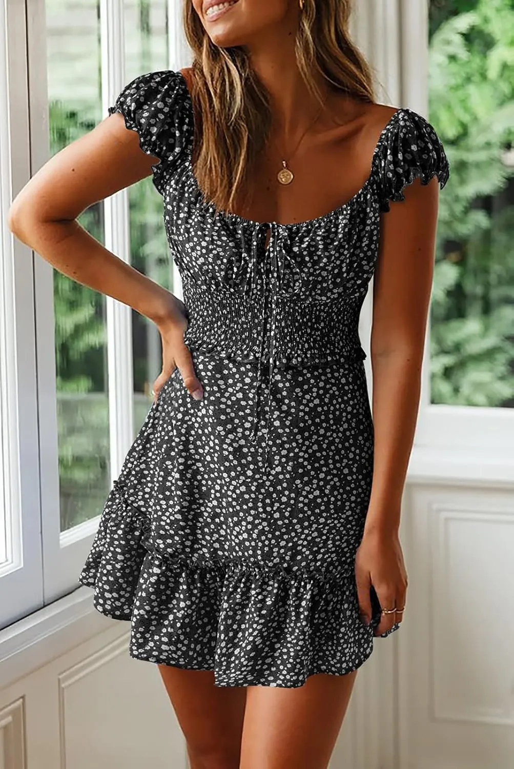 YOBECHO Womens Summer Sexy Sweetheart Collar Printed Ruffle Mini Dress