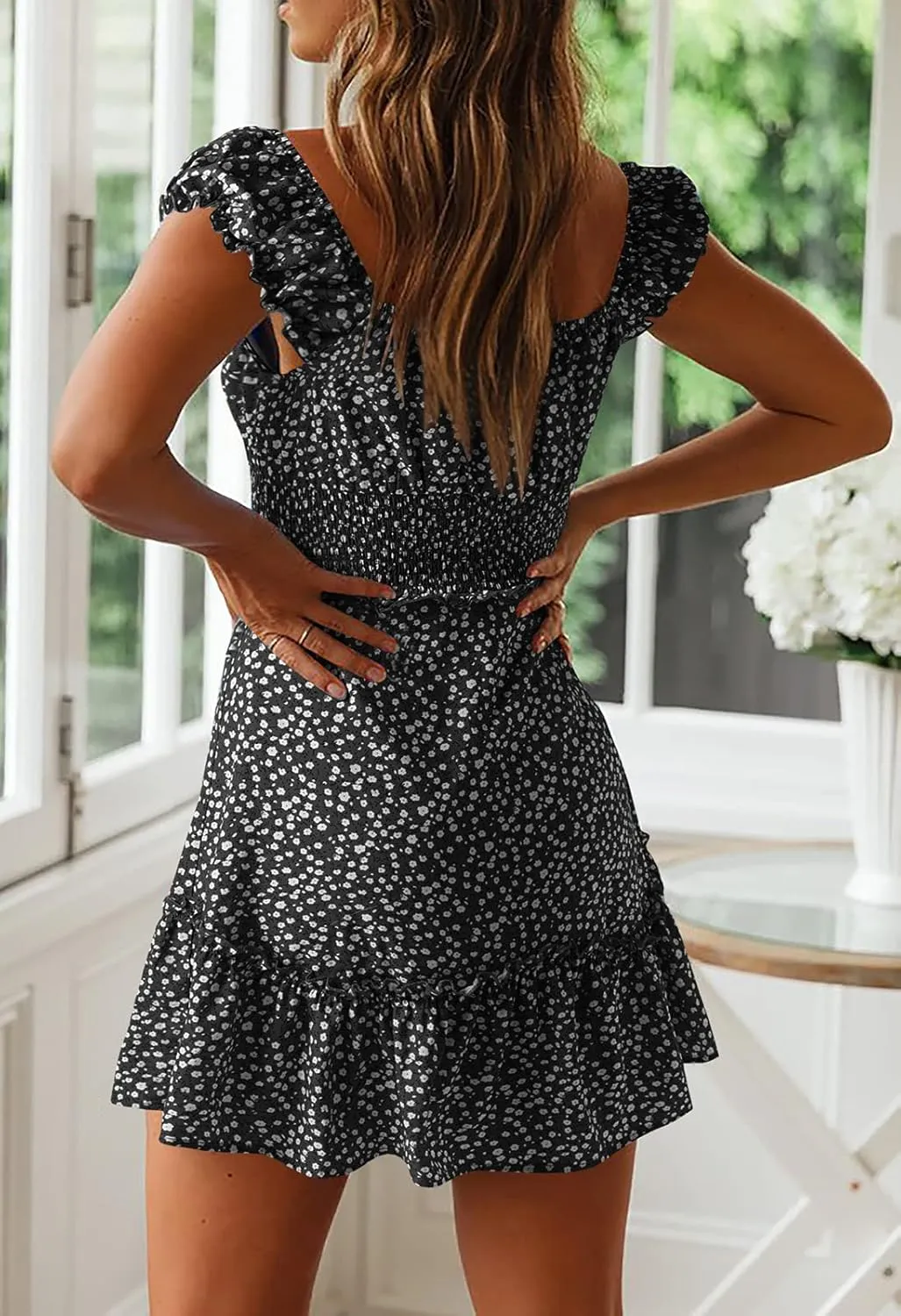 YOBECHO Womens Summer Sexy Sweetheart Collar Printed Ruffle Mini Dress