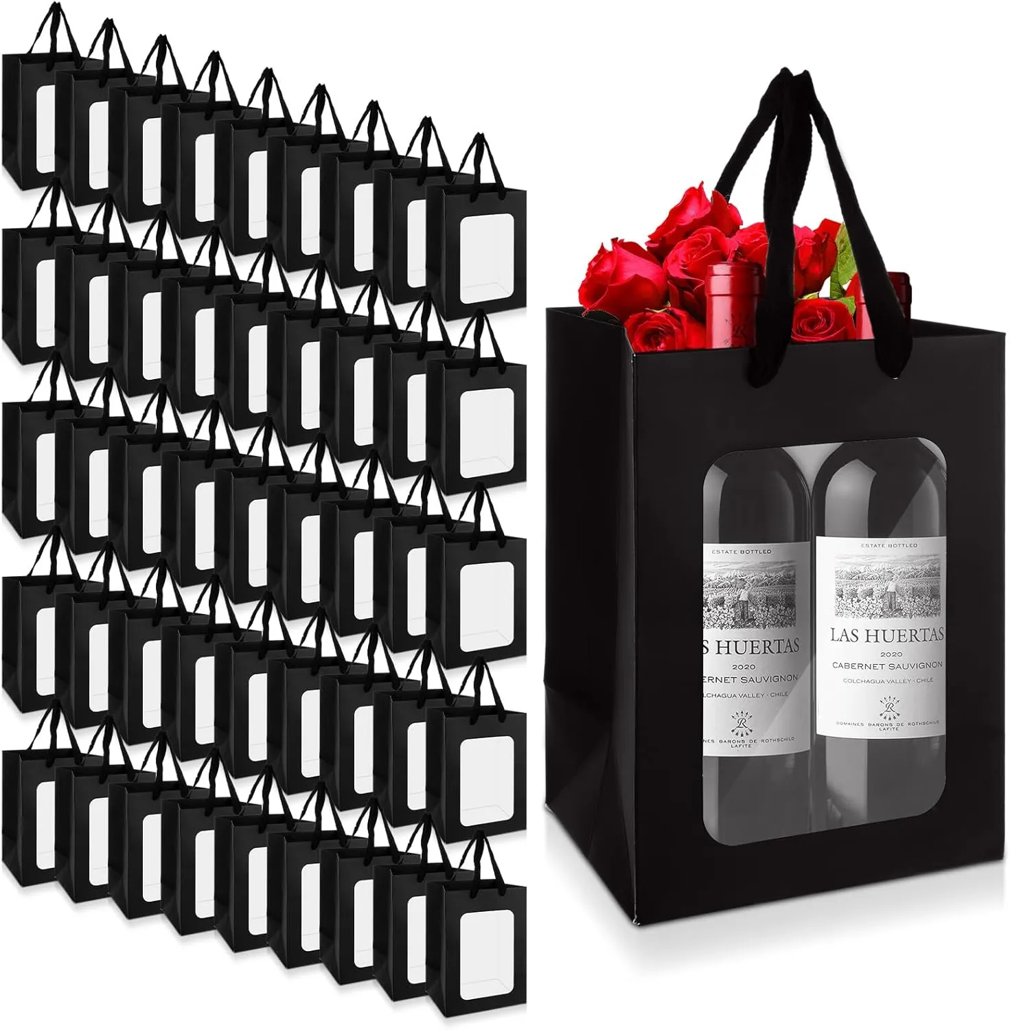 YOUNTHYE 50PCS Black Gift Bags with Window Black Kraft Paper Gift Bags with Transparent Window 9.8x7x5 inch Transparent Window Bags with Handles for Christmas Birthdays Festivals Party Weddings Wrapping