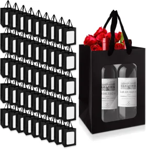 YOUNTHYE 50PCS Black Gift Bags with Window Black Kraft Paper Gift Bags with Transparent Window 9.8x7x5 inch Transparent Window Bags with Handles for Christmas Birthdays Festivals Party Weddings Wrapping