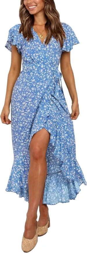 ZESICA Women's Summer Bohemian Floral Printed Wrap V Neck Beach Party Flowy Ruffle Midi Dress
