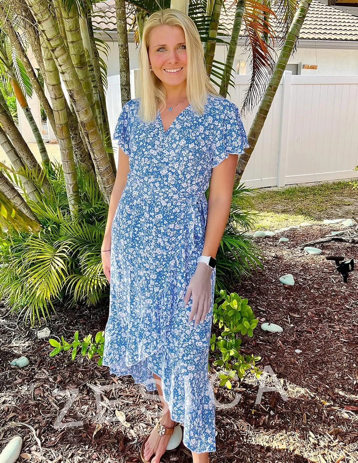 ZESICA Women's Summer Bohemian Floral Printed Wrap V Neck Beach Party Flowy Ruffle Midi Dress