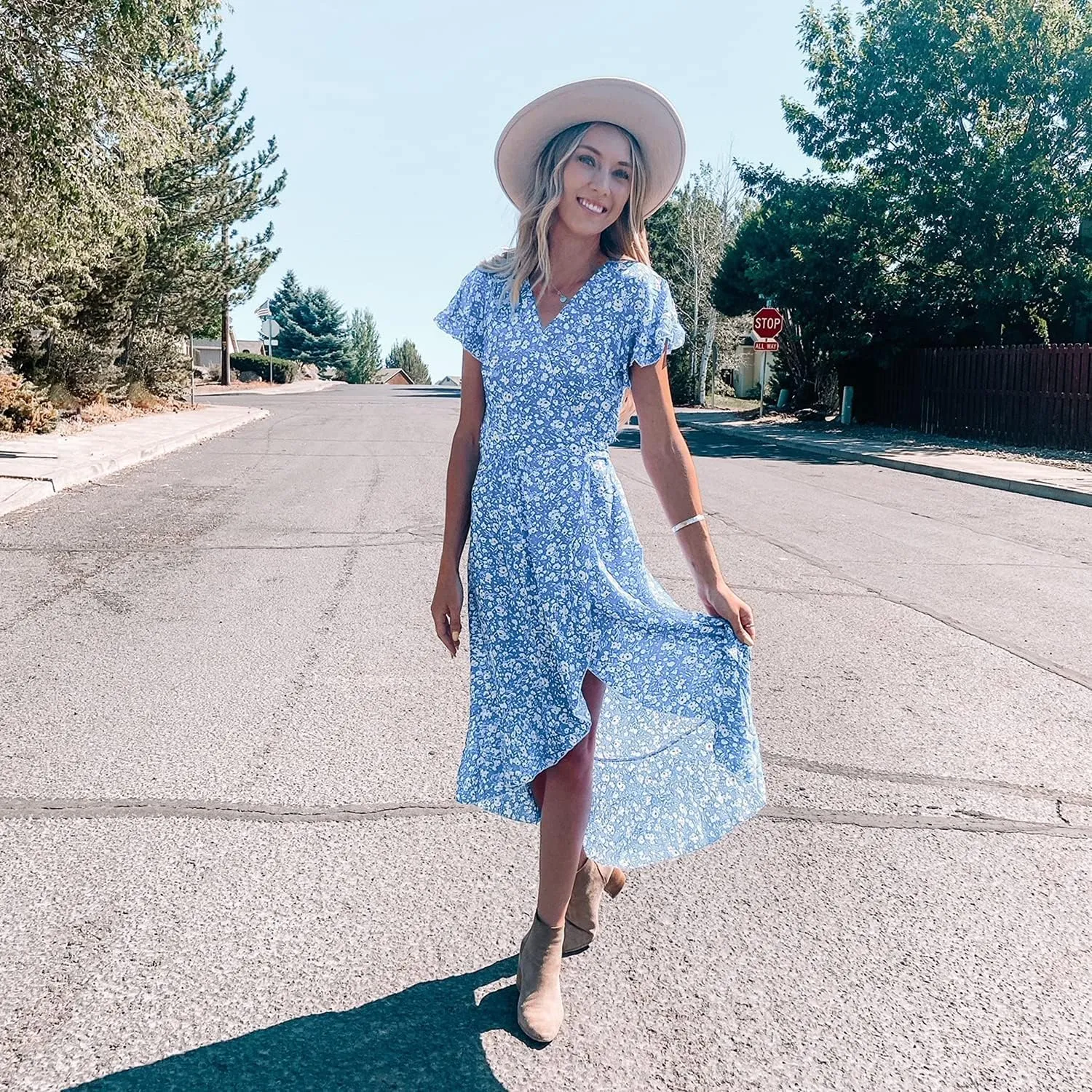 ZESICA Women's Summer Bohemian Floral Printed Wrap V Neck Beach Party Flowy Ruffle Midi Dress