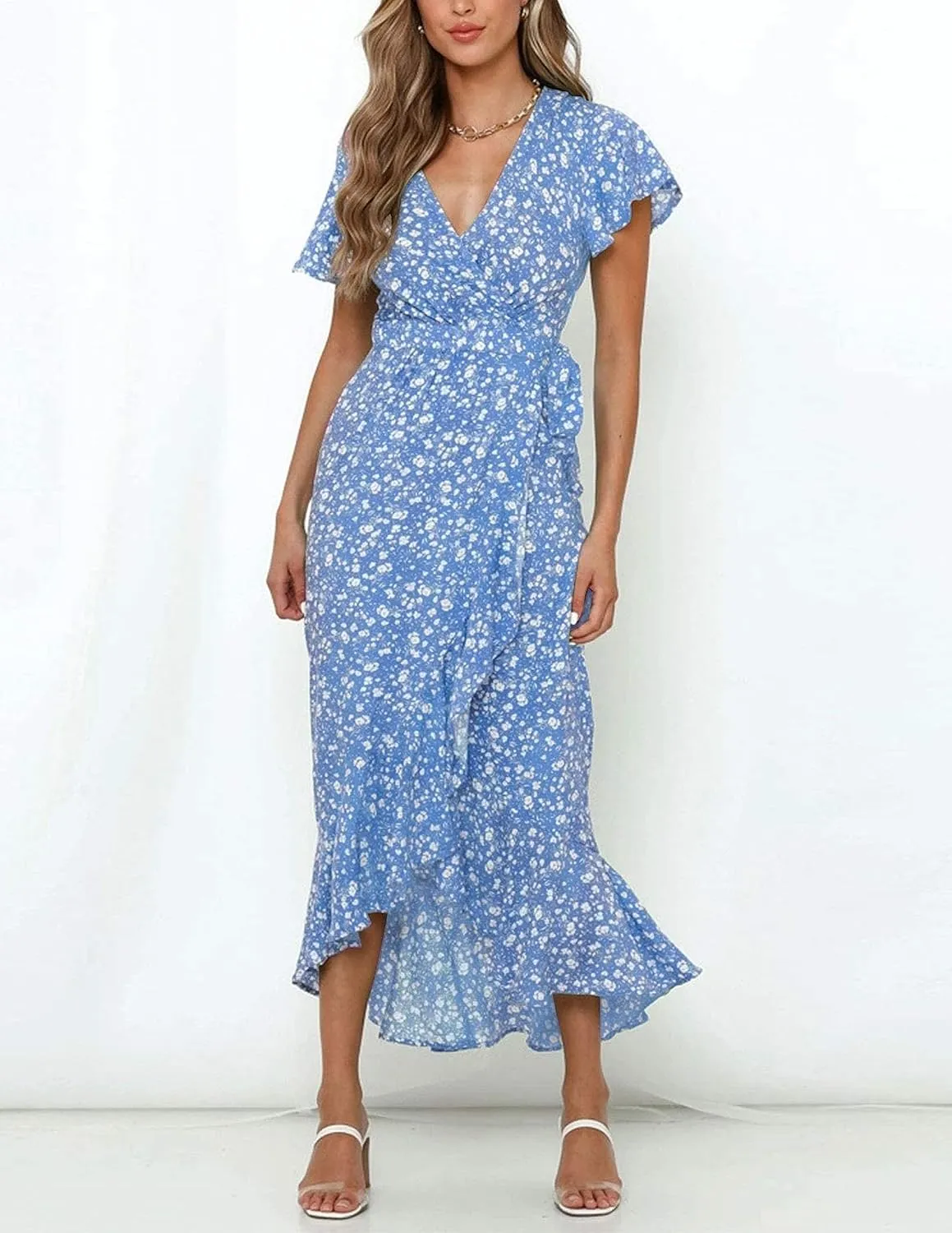 ZESICA Women's Summer Bohemian Floral Printed Wrap V Neck Beach Party Flowy Ruffle Midi Dress