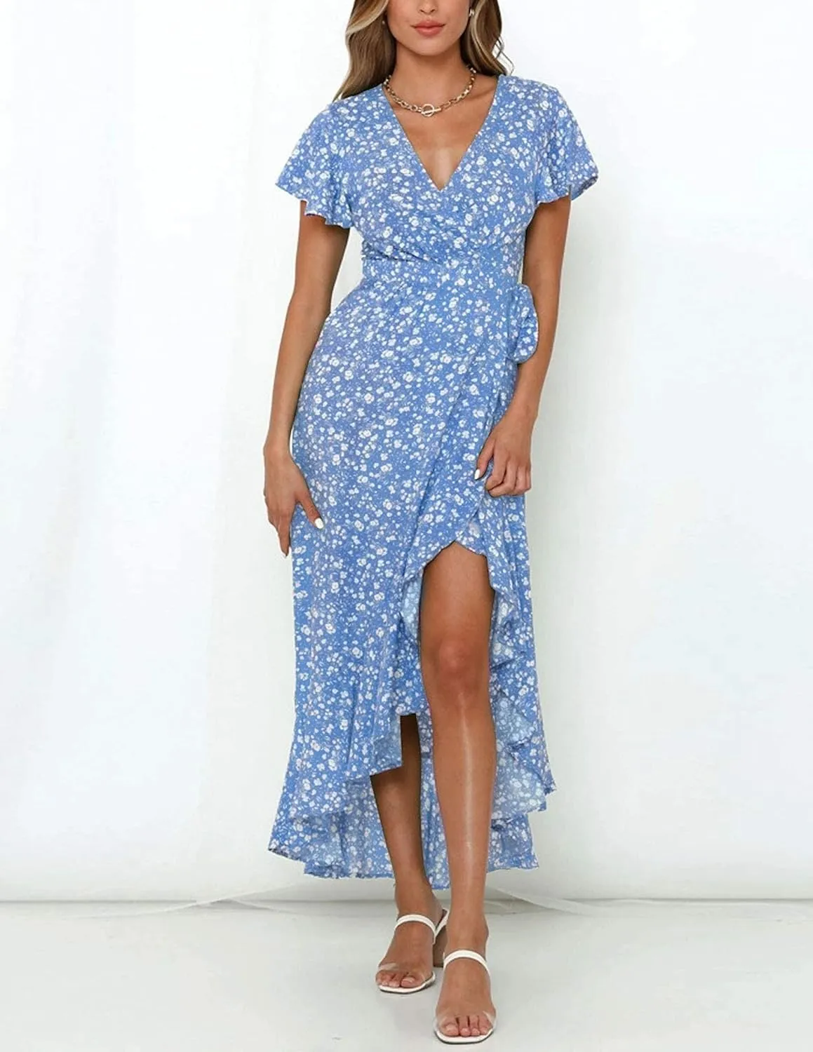 ZESICA Women's Summer Bohemian Floral Printed Wrap V Neck Beach Party Flowy Ruffle Midi Dress