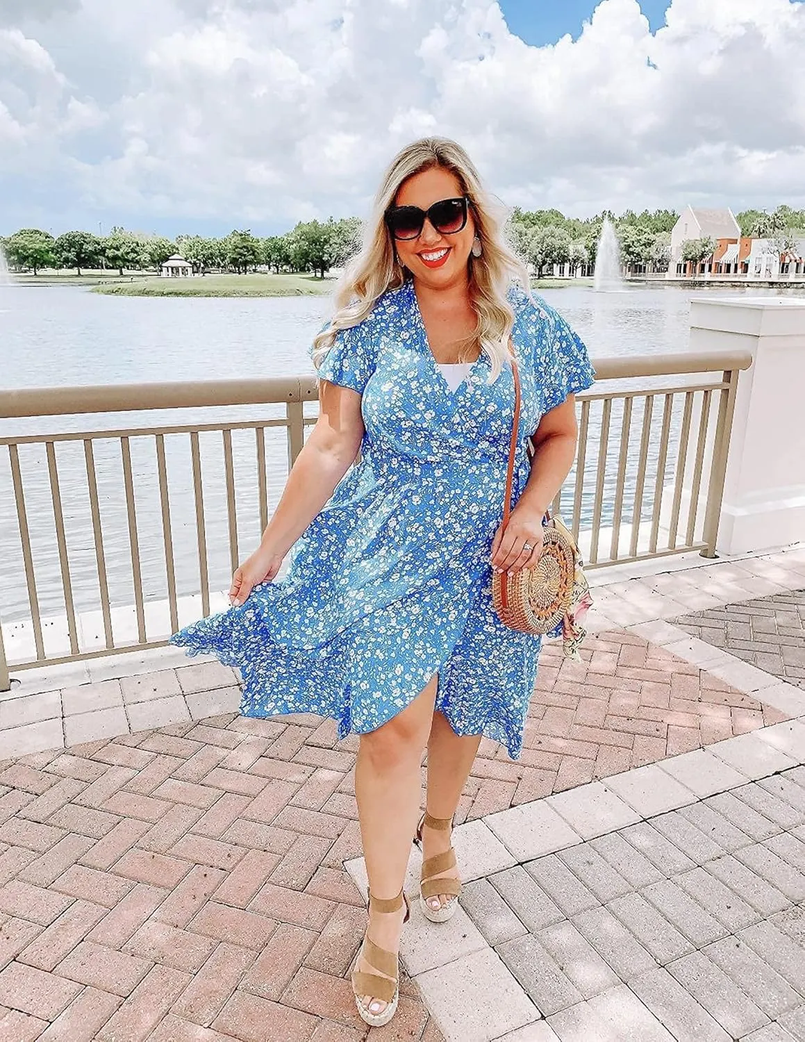 ZESICA Women's Summer Bohemian Floral Printed Wrap V Neck Beach Party Flowy Ruffle Midi Dress