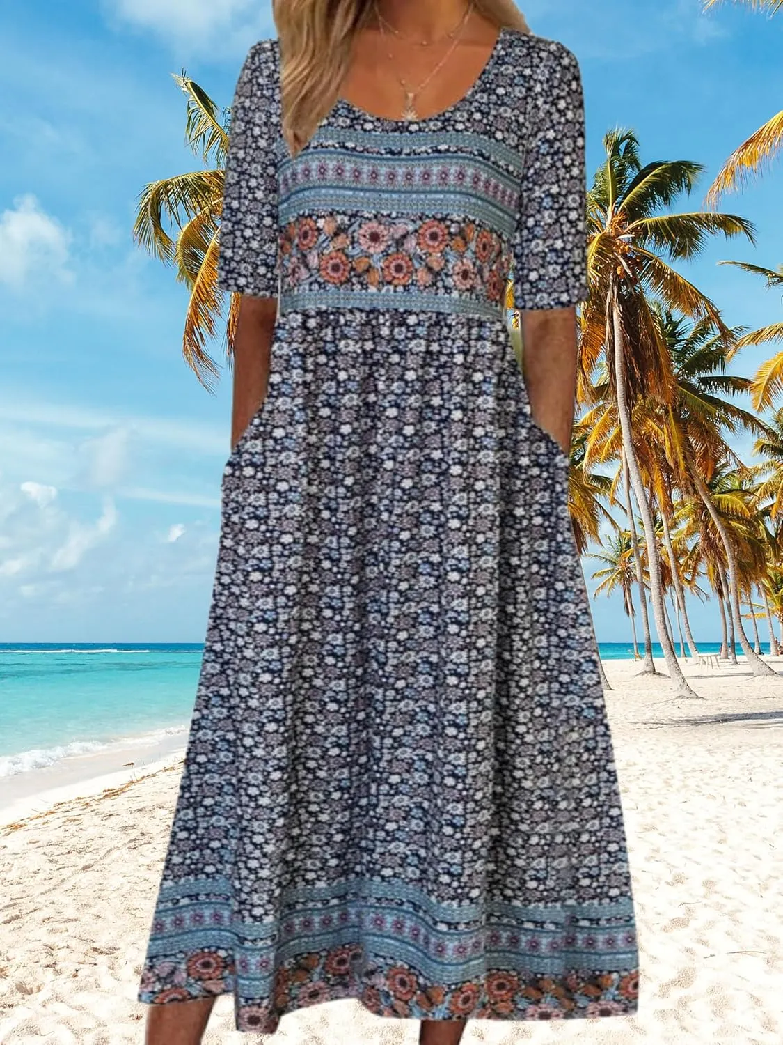ZOCAVIA Womens Boho Floral Printed Maxi Dresses 2024 Summer Casual Loose Flowy Bohemian Vintage Short Sundresses with Pockets