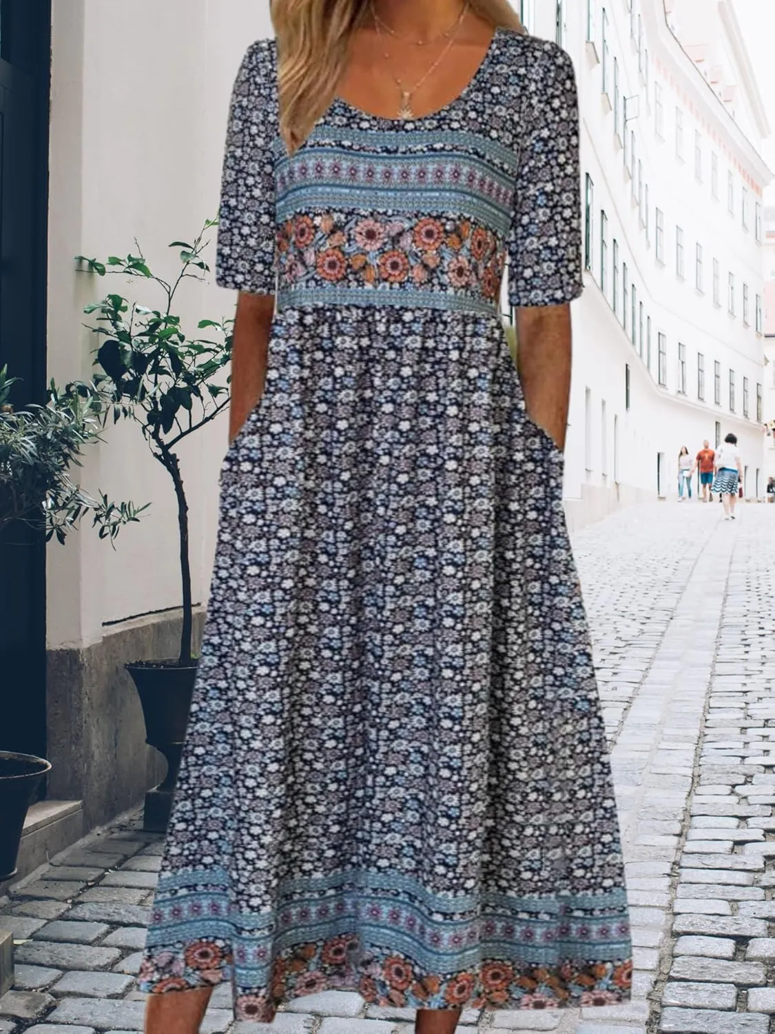ZOCAVIA Womens Boho Floral Printed Maxi Dresses 2024 Summer Casual Loose Flowy Bohemian Vintage Short Sundresses with Pockets