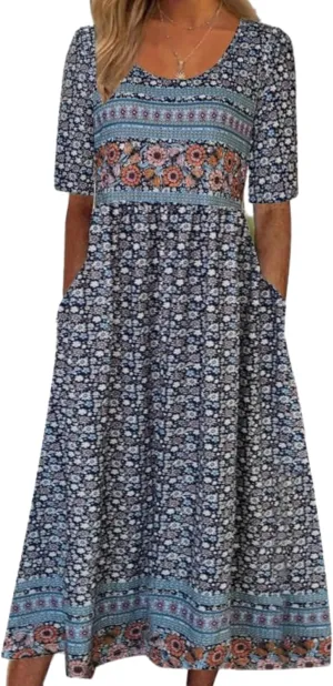 ZOCAVIA Womens Boho Floral Printed Maxi Dresses 2024 Summer Casual Loose Flowy Bohemian Vintage Short Sundresses with Pockets