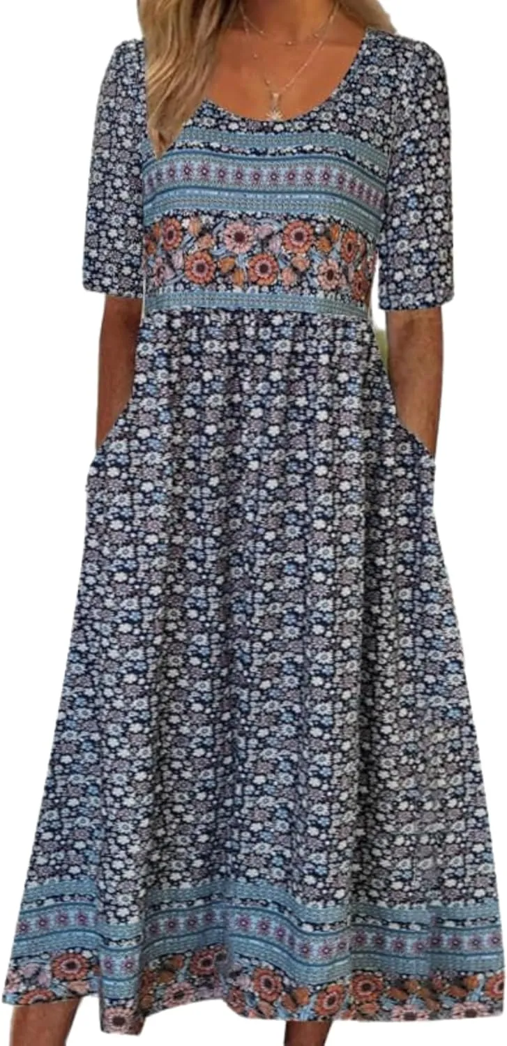 ZOCAVIA Womens Boho Floral Printed Maxi Dresses 2024 Summer Casual Loose Flowy Bohemian Vintage Short Sundresses with Pockets
