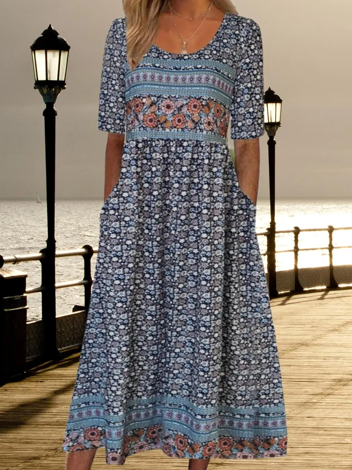 ZOCAVIA Womens Boho Floral Printed Maxi Dresses 2024 Summer Casual Loose Flowy Bohemian Vintage Short Sundresses with Pockets